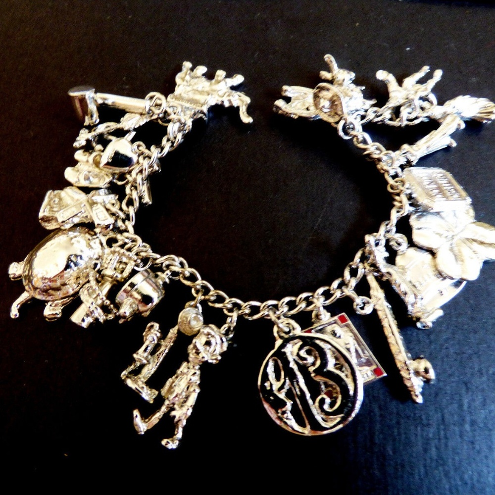 Sterling Silve 23 charms 60g Charm Link Bracelet 7" Travel Good Luck Pinocchio
